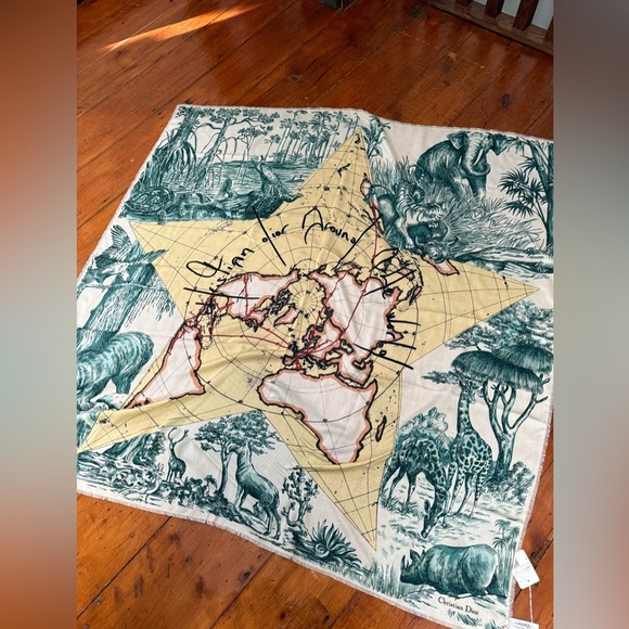 Dior NWT 140cm Around the World cashmere silk fringe globe shawl scarf wrap - Picture 4 of 7